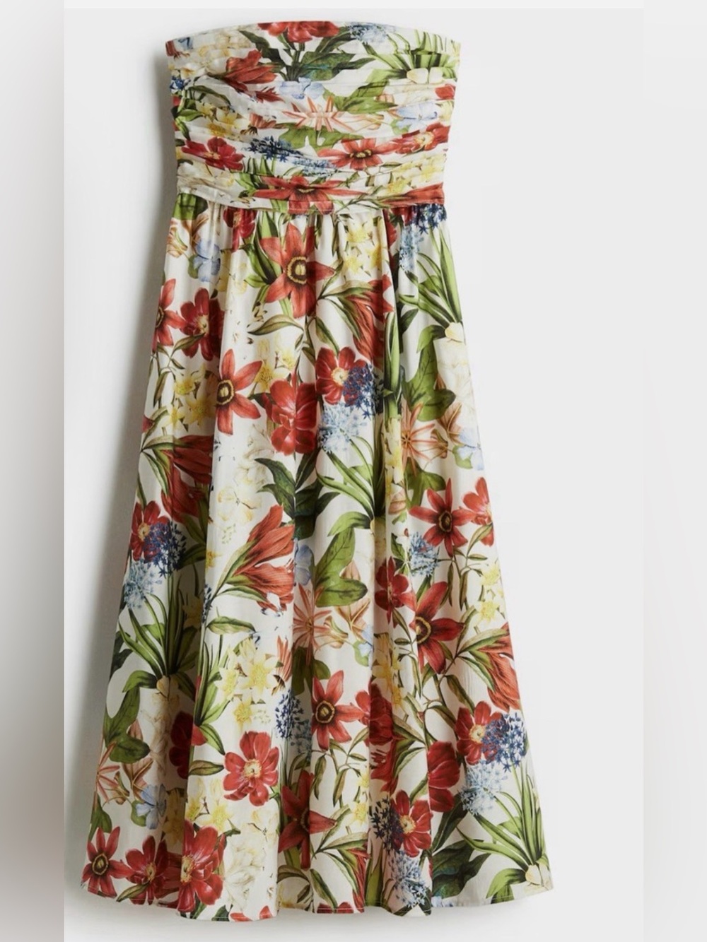 H&M Floral A-Line Strapless Dress in Red, Green & Cream